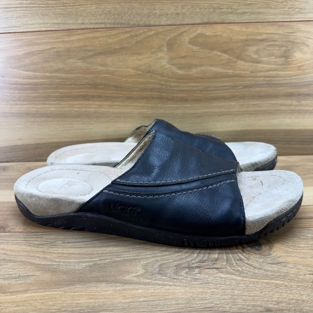 UGG Black Leather Slide Sandals Mens 13 Walking Vacation Resort Minimalist